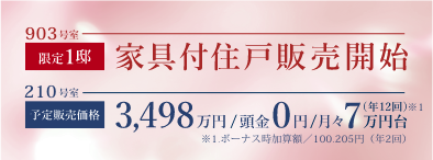 限定1邸 家具付き住戸販売開始 903号室 予定販売価格3,498万円/頭金0円/月々7万円台201号室
